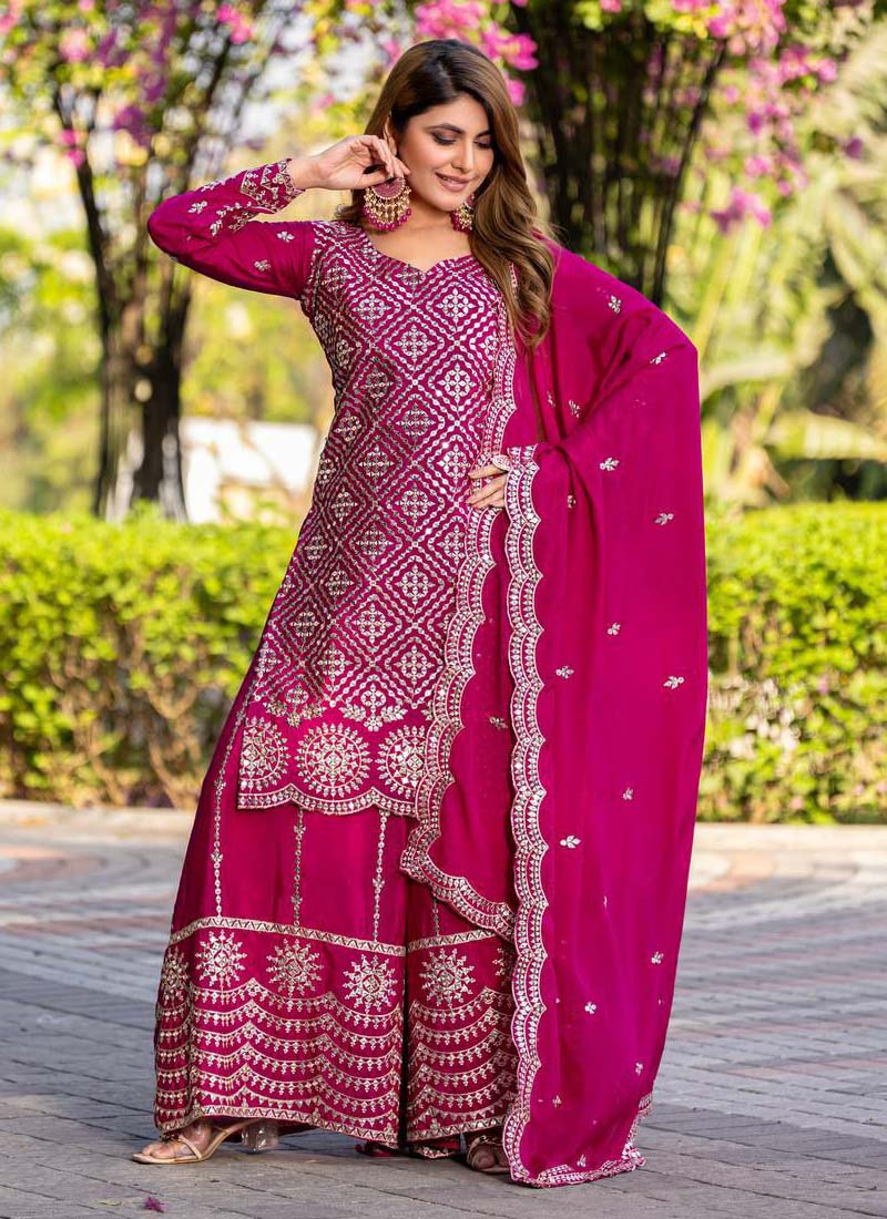 Pink Chinon Silk Palazzo Suit with heavy thread embroidery