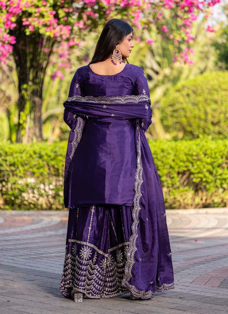 Prazu Fashion Violet Chinon Silk Thread Work Palazzo Suit