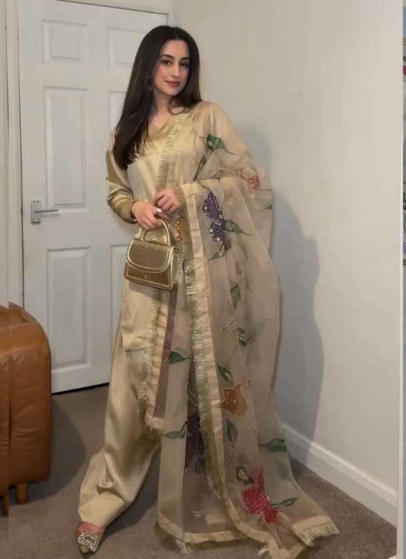 Golden Japan Satin Silk Designer Palazzo Suit with Floral Print