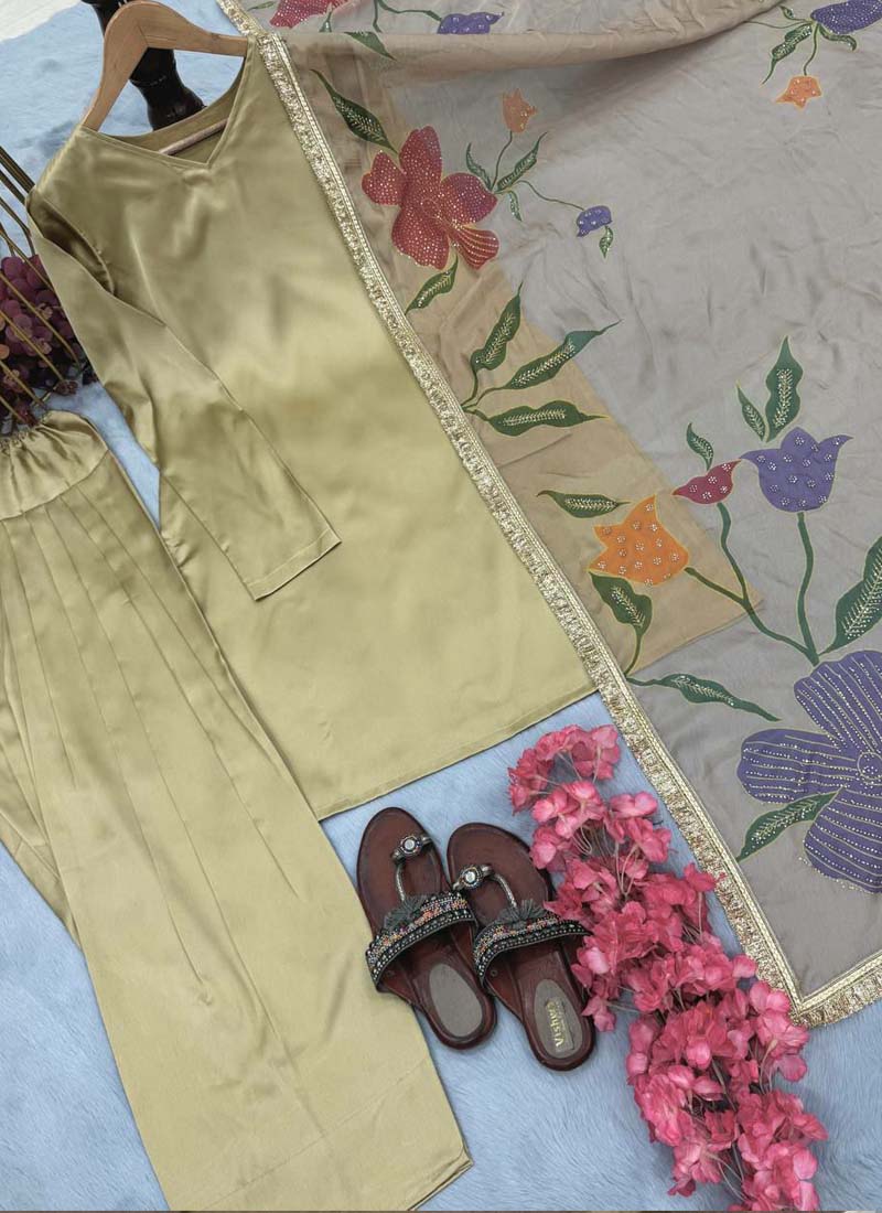 Golden Japan Satin Silk Designer Palazzo Suit with Floral Print