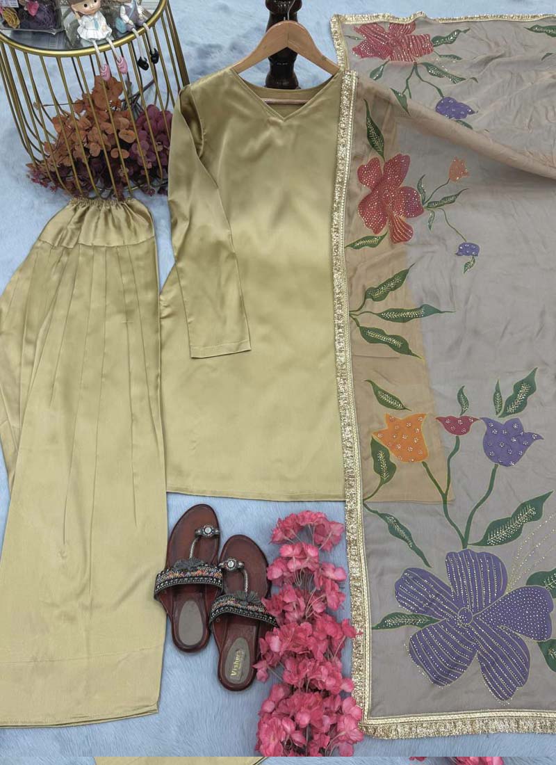 Golden Japan Satin Silk Designer Palazzo Suit with Floral Print