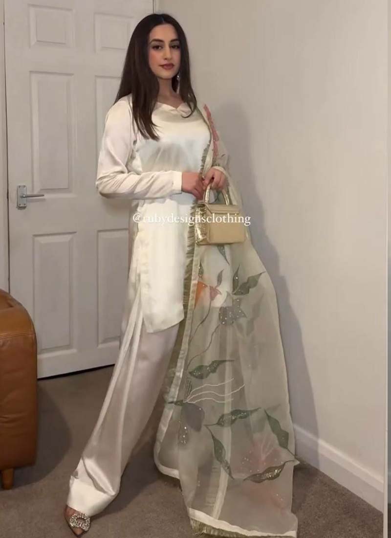 Off White Japan Satin Silk Designer Palazzo Suit