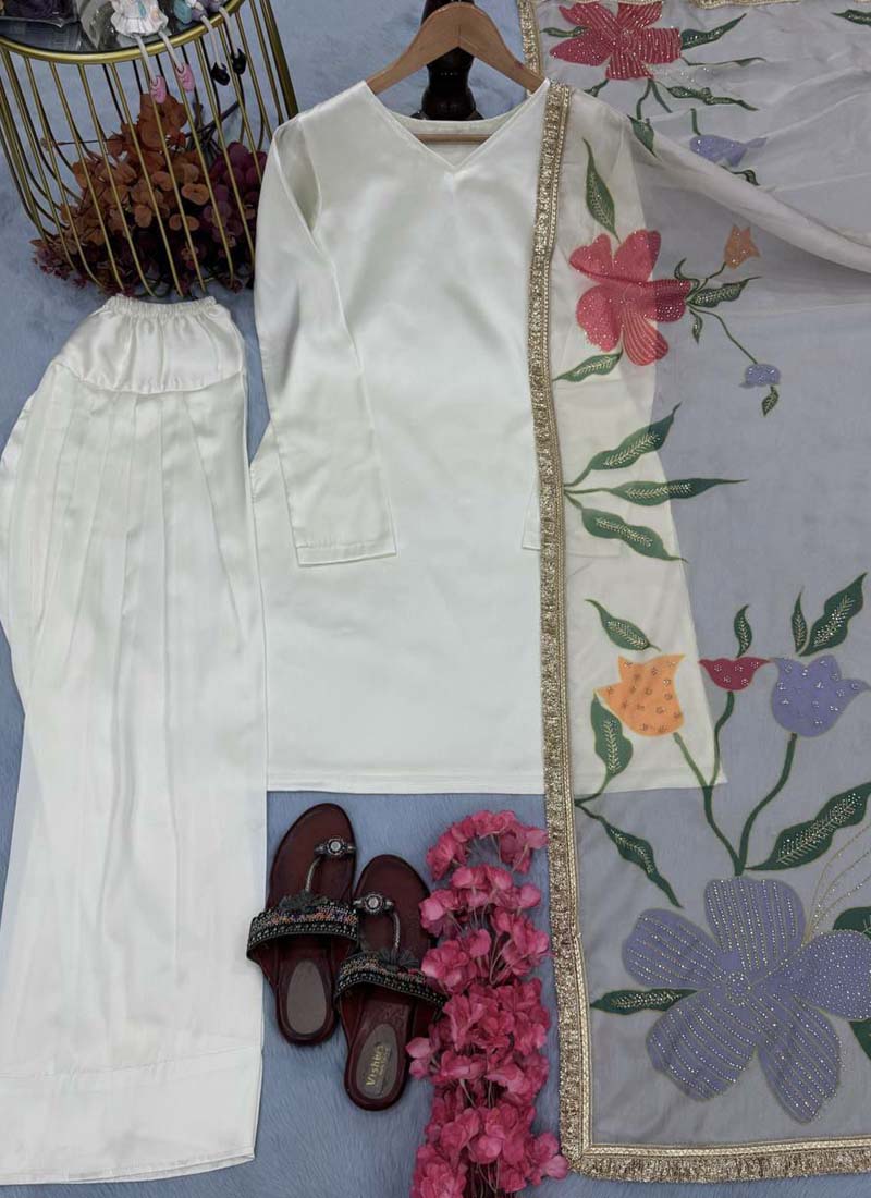 Off White Japan Satin Silk Designer Palazzo Suit