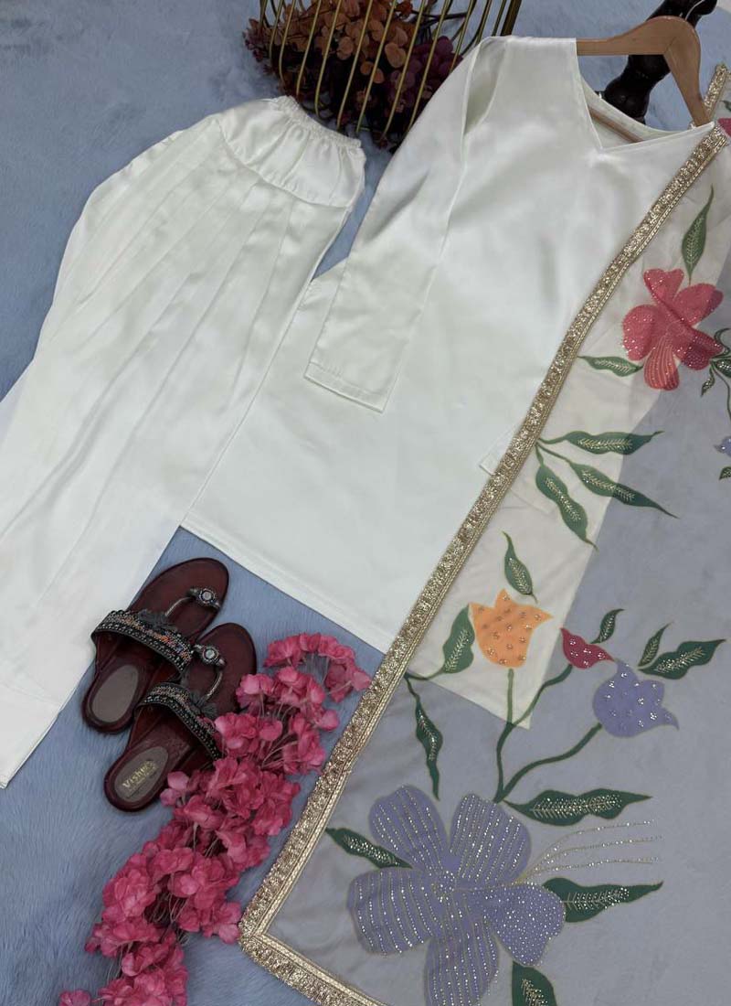 Off White Japan Satin Silk Designer Palazzo Suit