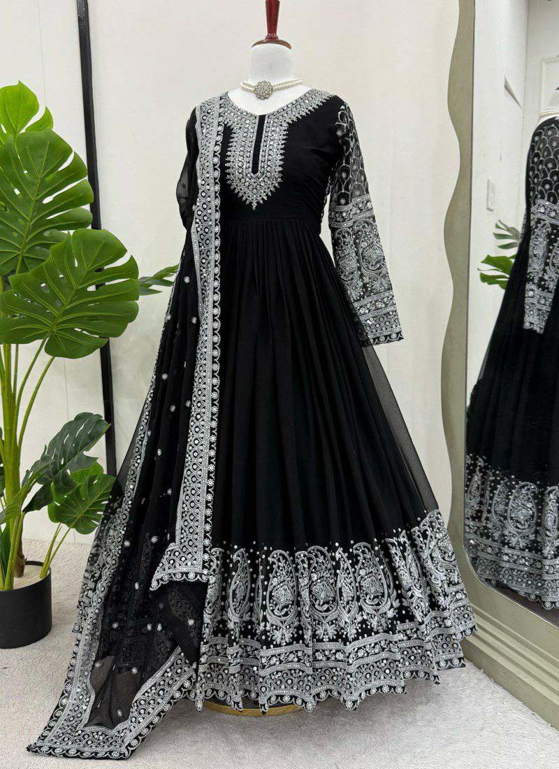 Black georgette Anarkali suit featuring heavy sequence and thread work
