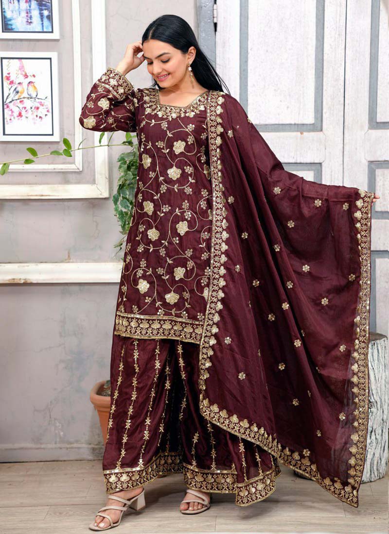 Prazu Fashion Dark Maroon Chinon Silk Embroidered Sharara Suit