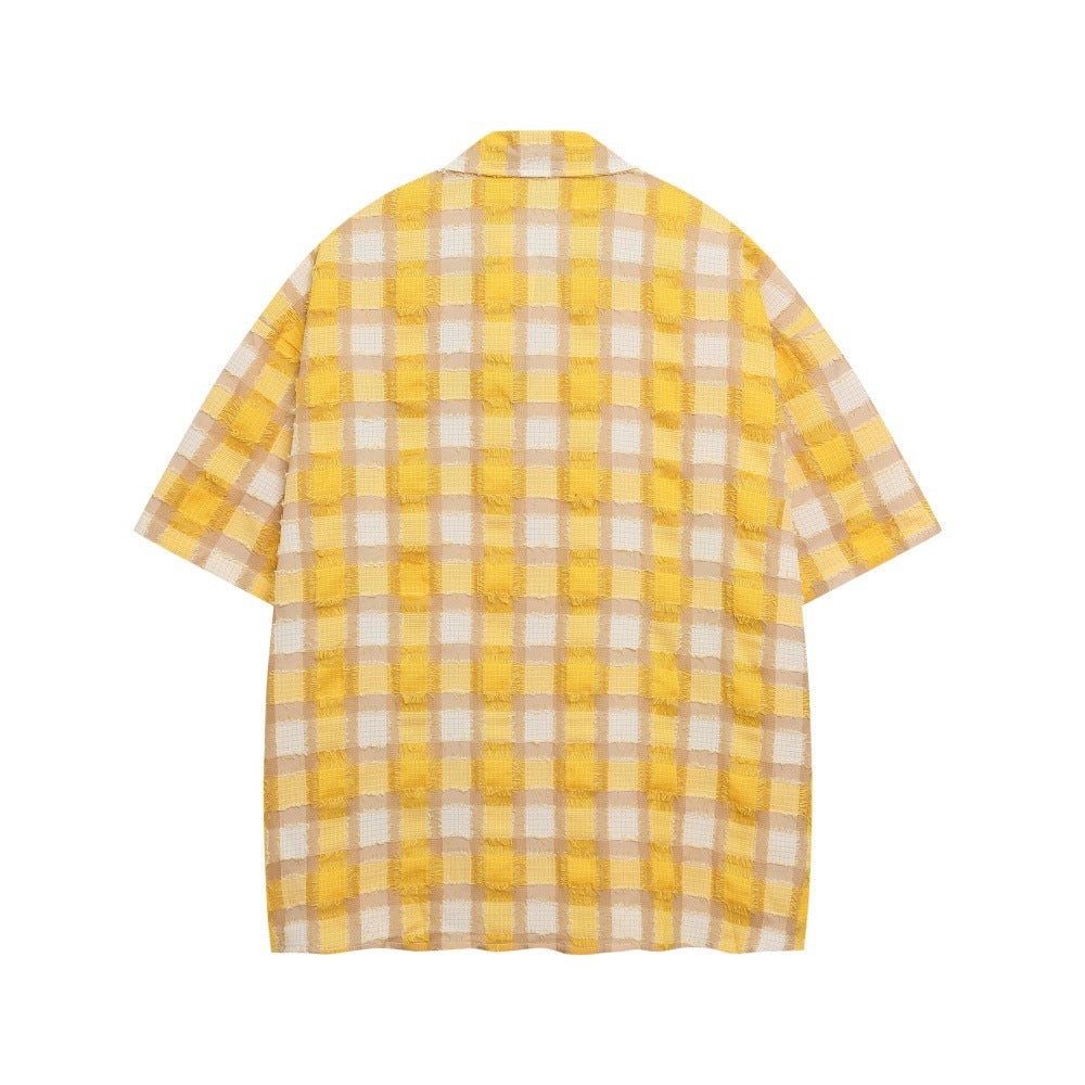 Yellow Plaid Cat Cartoon Short Sleeve Button-Up Shirt Harajuku