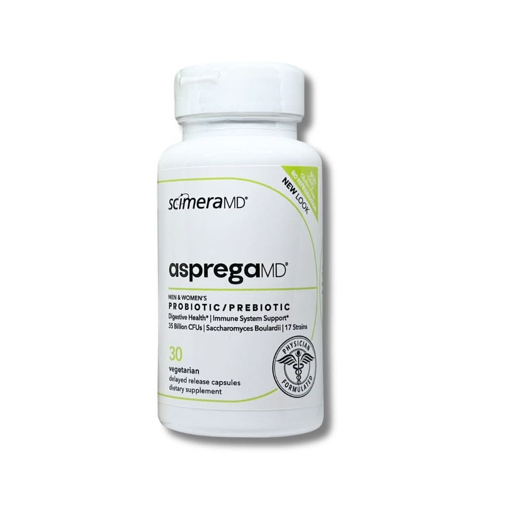 Bottle of Scimera MD Asprega Probiotic and Prebiotic capsules featuring clinical white and sage green aesthetic.