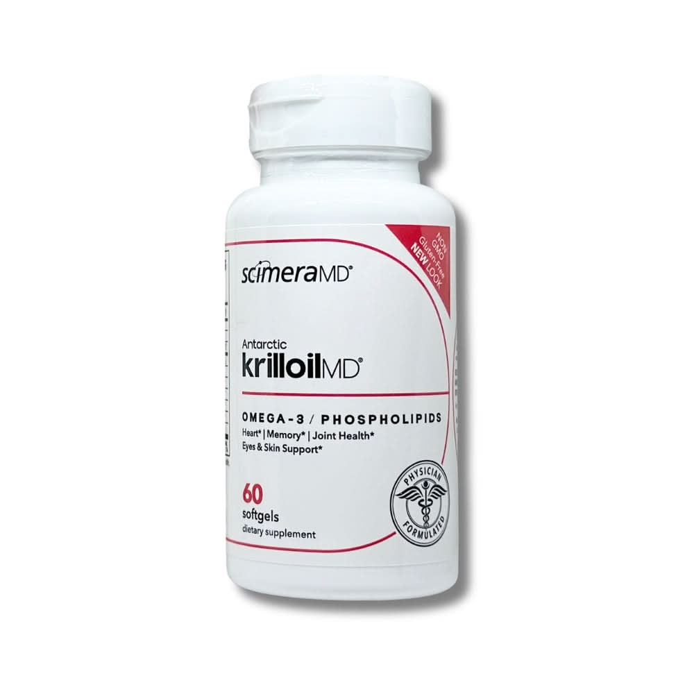 Bottle of Scimera MD Antarctic Krill Oil supplement for heart and joint health