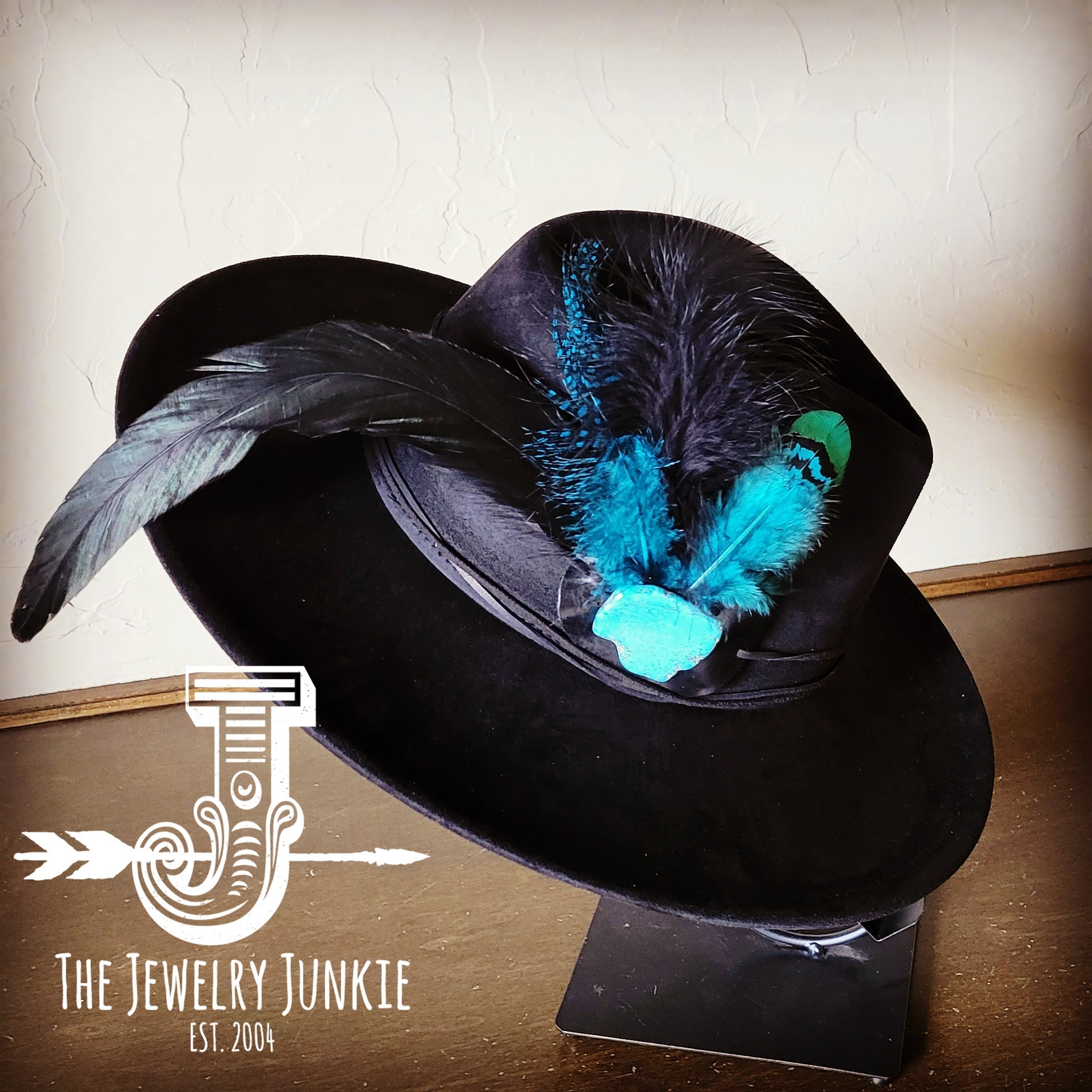 Blue Spotted Feather & Turquoise Slab Hat Band with Felt Hat