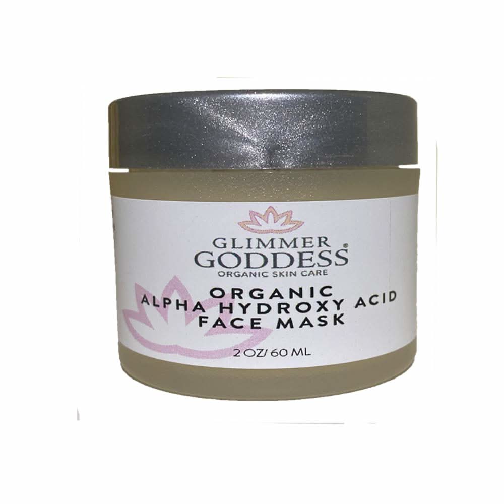 Glimmer Goddess Organic Alpha Hydroxy Acid Face Mask in a clear and silver 2 oz jar.