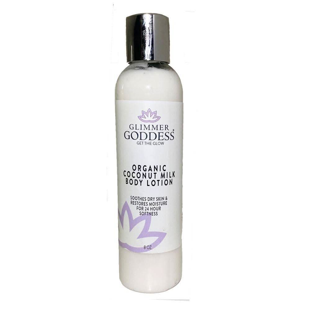 Glimmer Goddess Organic Coconut Milk Body Lotion bottle in white and purple.
