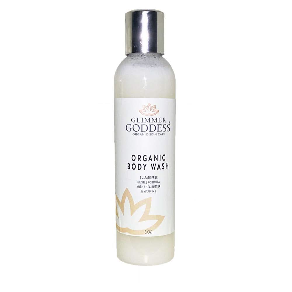 Glimmer Goddess Organic Moisturizing Body Wash in a minimalist bottle for face, body, and hair