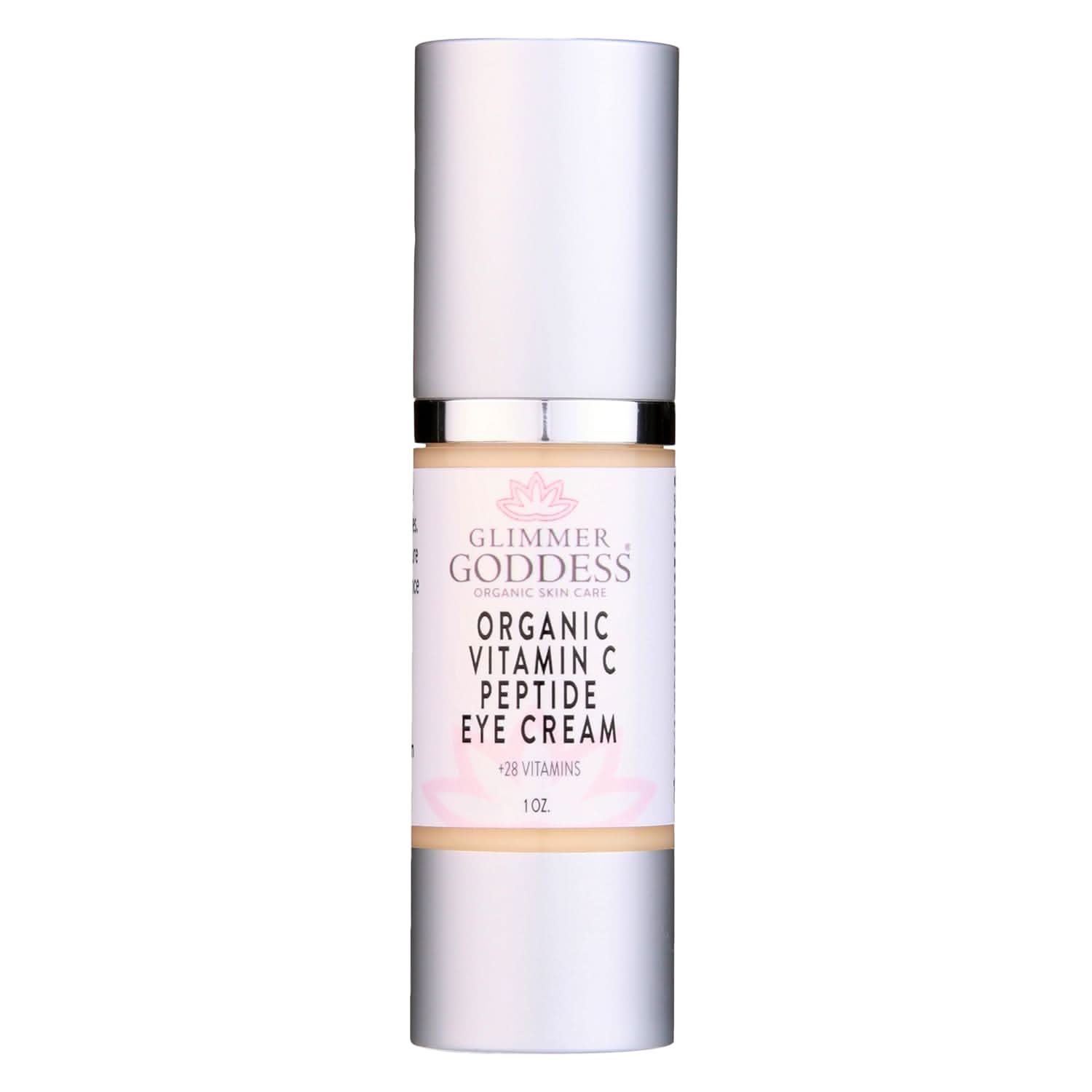 Glimmer Goddess Organic Vitamin C Eye Serum bottle for dark circles treatment