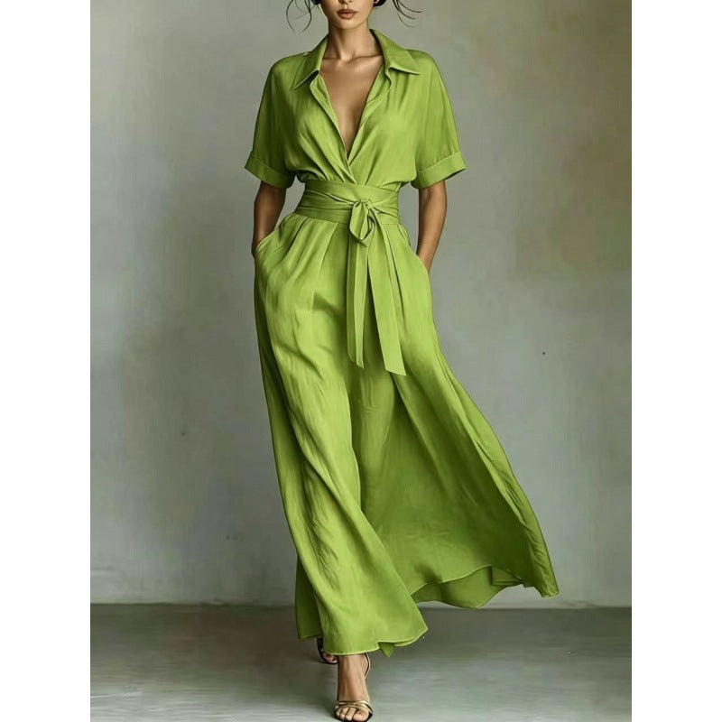 Women's Solid Color Waist-Slimming Maxi Dress with Flip Collar