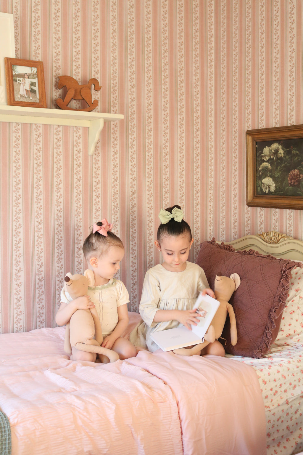 Auggie Striped Wallpaper in Pink, Cream, and Sage-Green