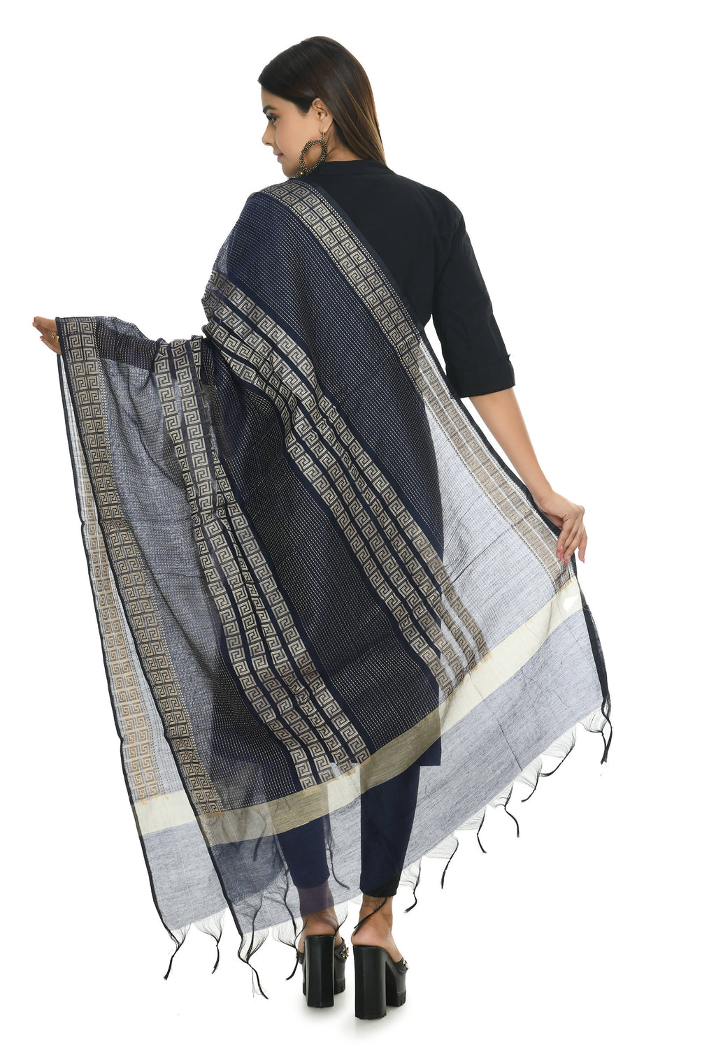 Navy Blue Handloom Cotton Dupatta - Traditional Ethnic Stole
