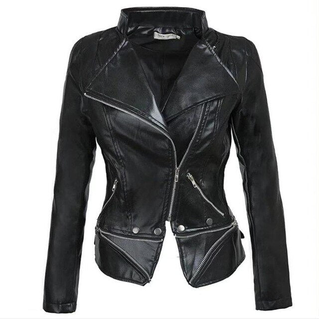 Women's Gothic Black Faux Leather Biker Jacket Slim Fit - Image 6