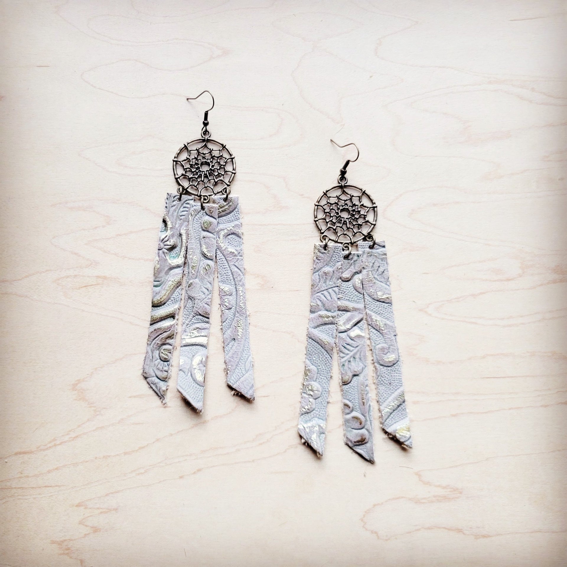 **Dream Catcher Earrings w/ Leather Fringe Gilded Cowboy 200ai