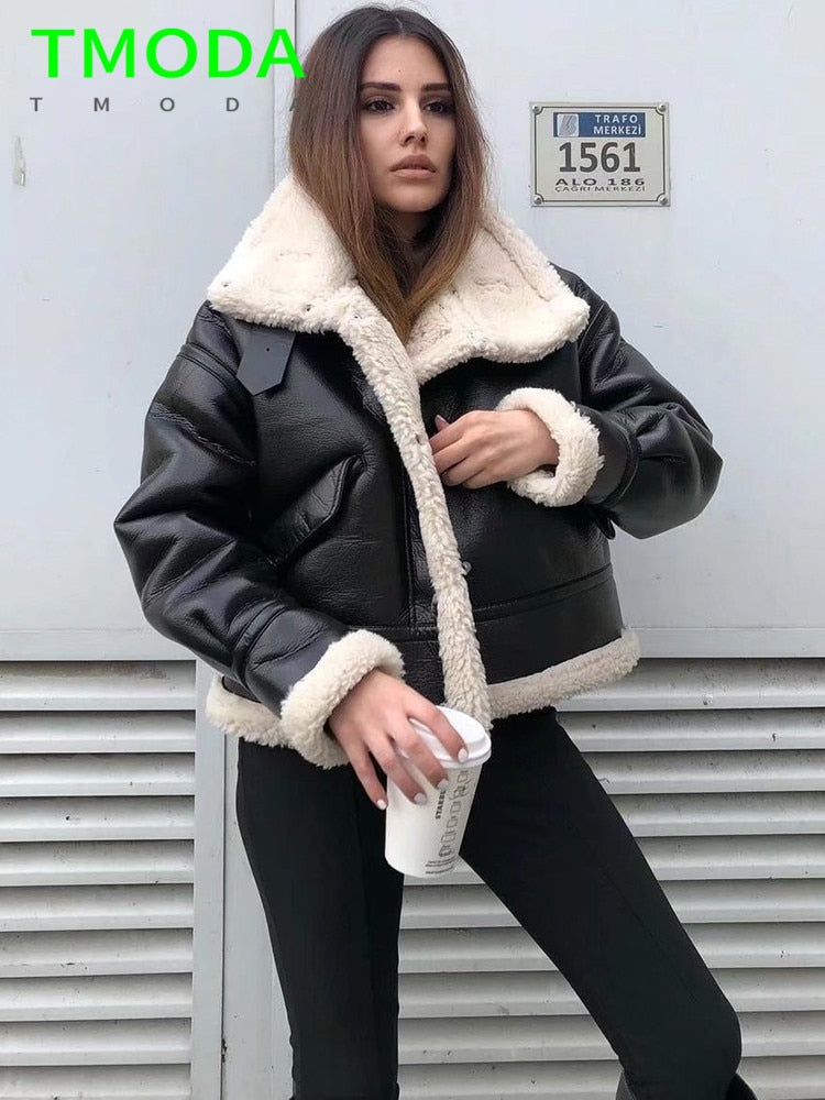 Women's Black Faux Leather Shearling Moto Jacket Harajuku - Image 6