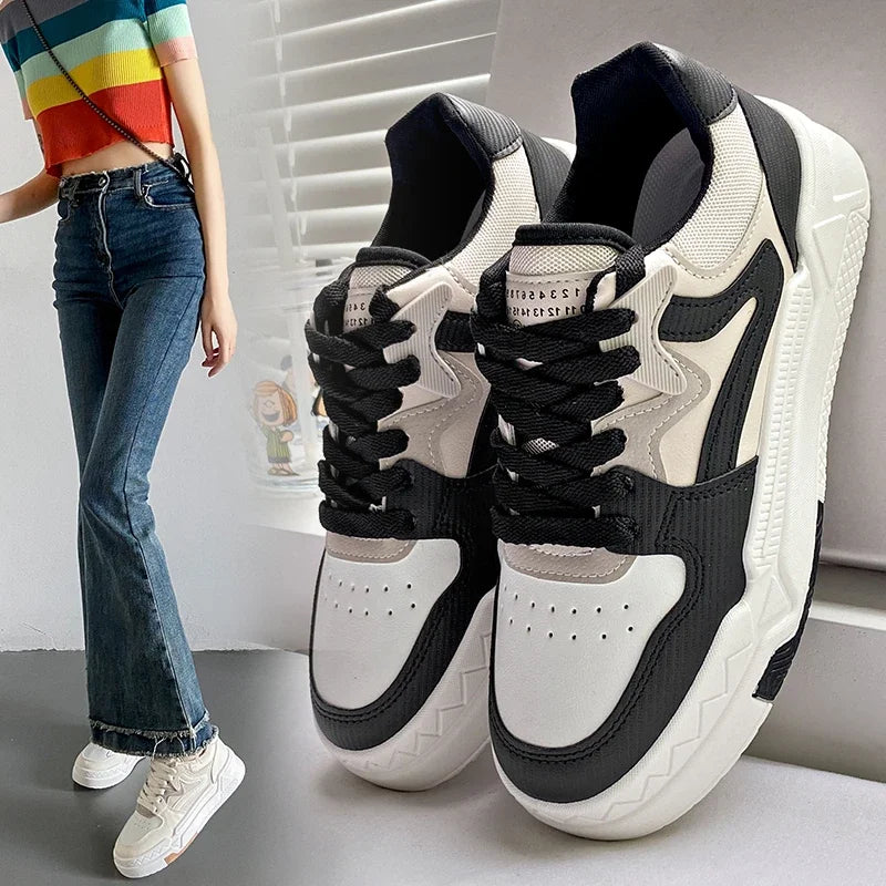 Women's Platform Casual Sneakers - Color Block Lace-Up Design