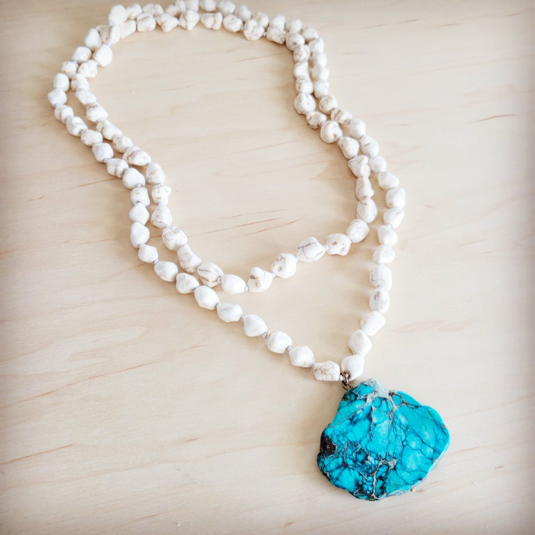 Long White Turquoise Beaded Necklace with Regalite Slab Pendant - Image 2