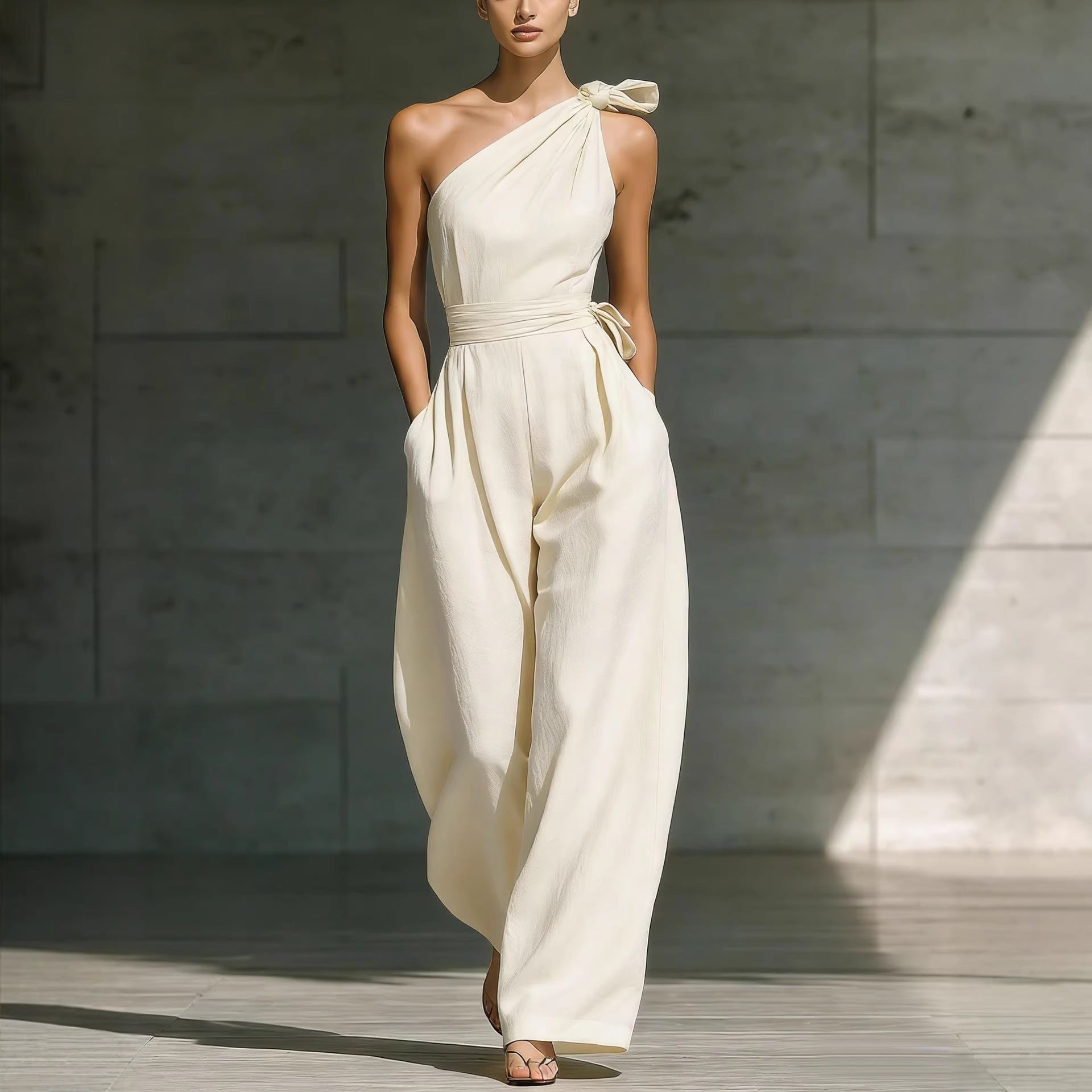 Women's One-Shoulder Wide Leg Jumpsuit with Waist Tie Detail - Image 3
