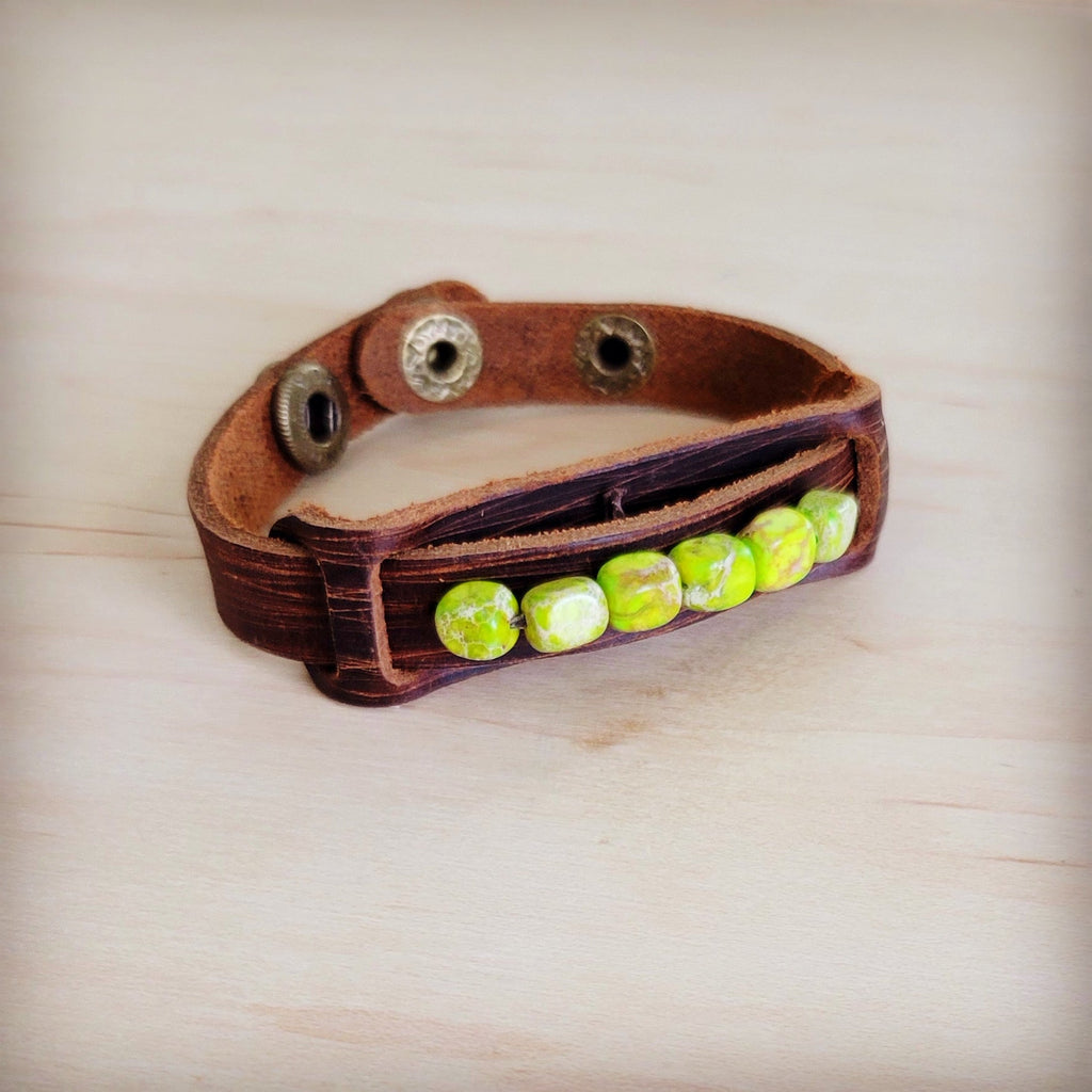 Genuine Leather Narrow Cuff wth Lime Green Regalite Chunks 007a