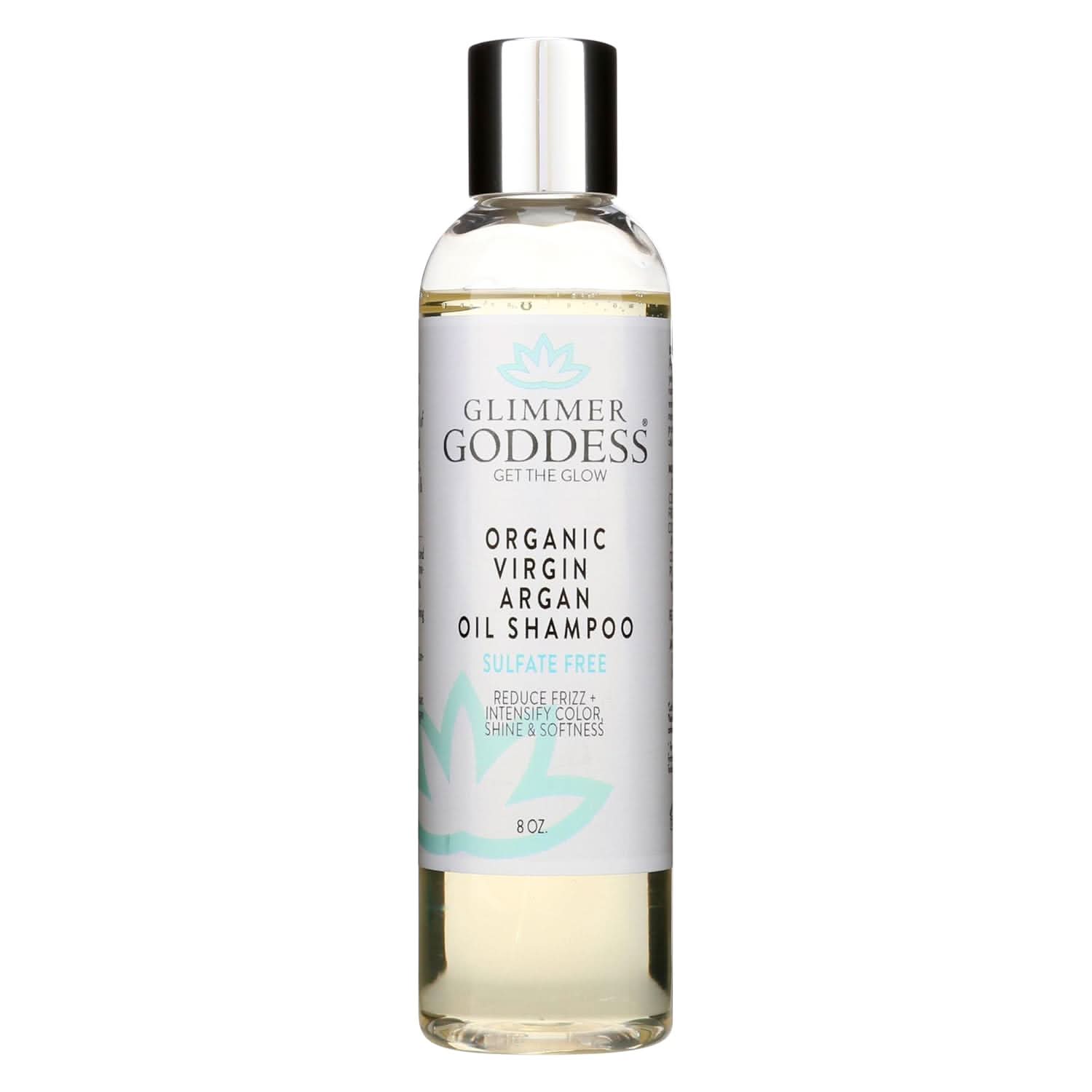 Transparent bottle of Glimmer Goddess Organic Virgin Argan Oil Shampoo.