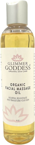 Clear and gold bottle of Glimmer Goddess Organic Facial Massage Oil