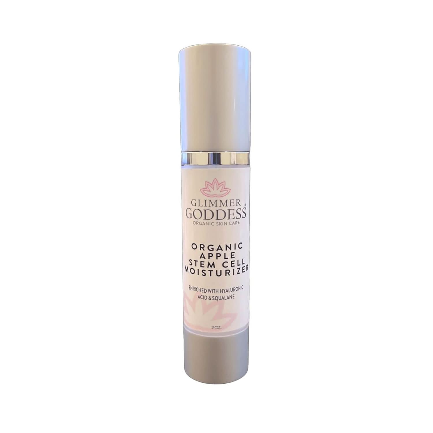 Glimmer Goddess Organic Apple Stem Cell Anti-Aging Moisturizer in white and silver packaging.