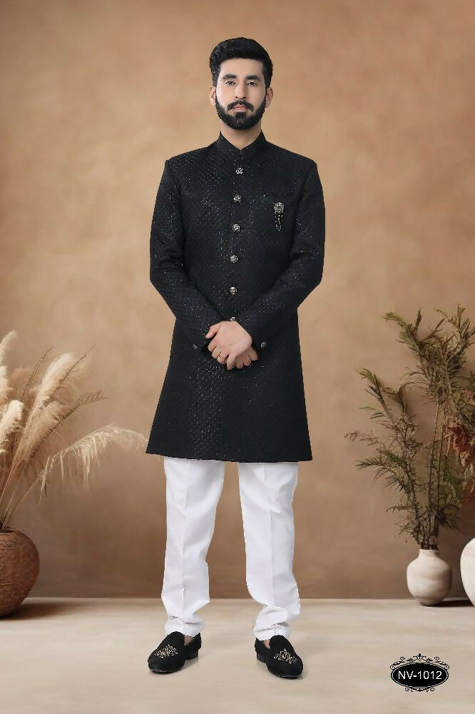 Men's black silk Indo-Western kurta with all-over thread and sequence embroidery