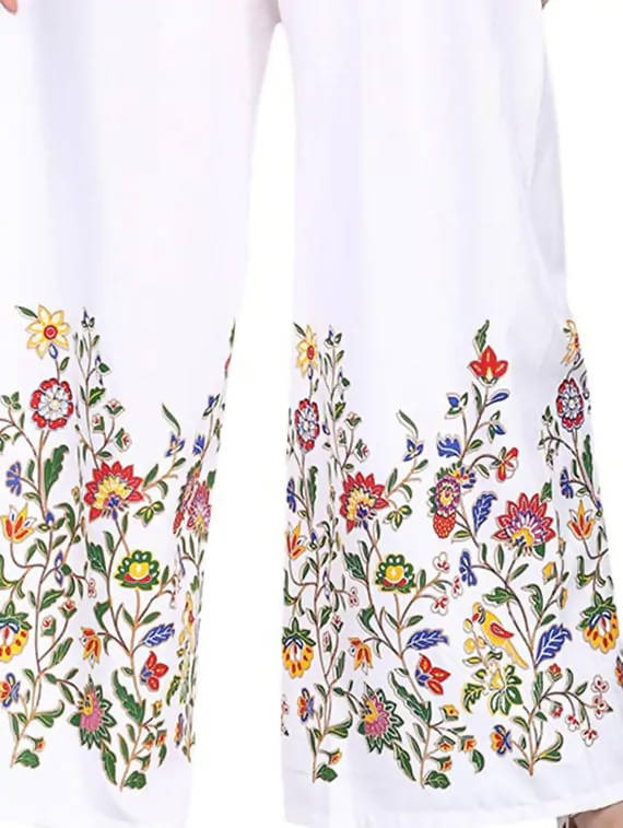 Women's White Floral Palazzo Pants - Lightweight Ethnic Bottoms