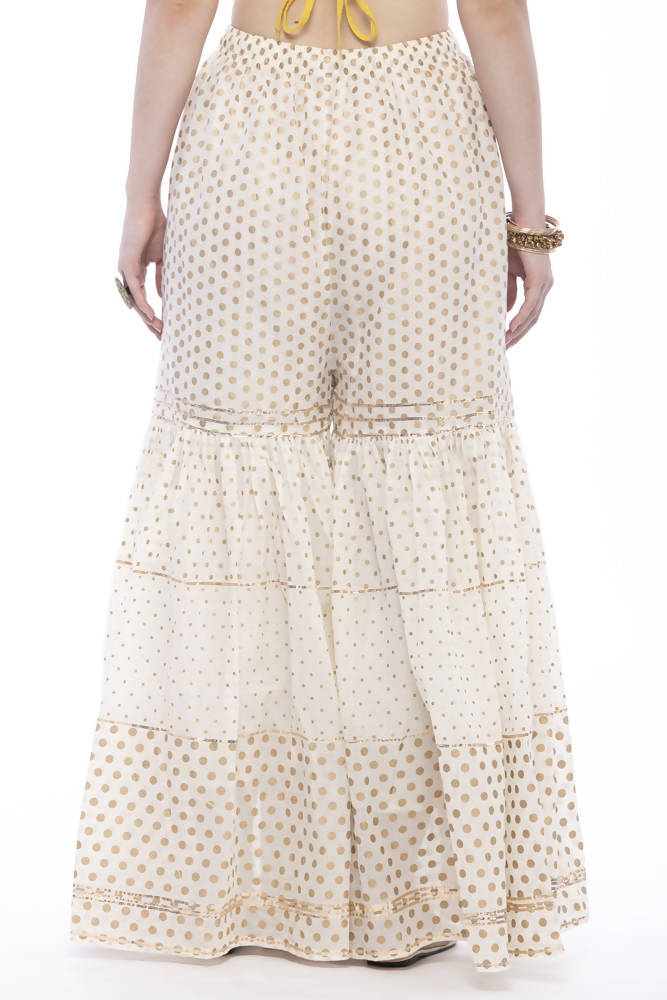 Off White Cotton Sharara Pants with Gold Print and Gota Detail