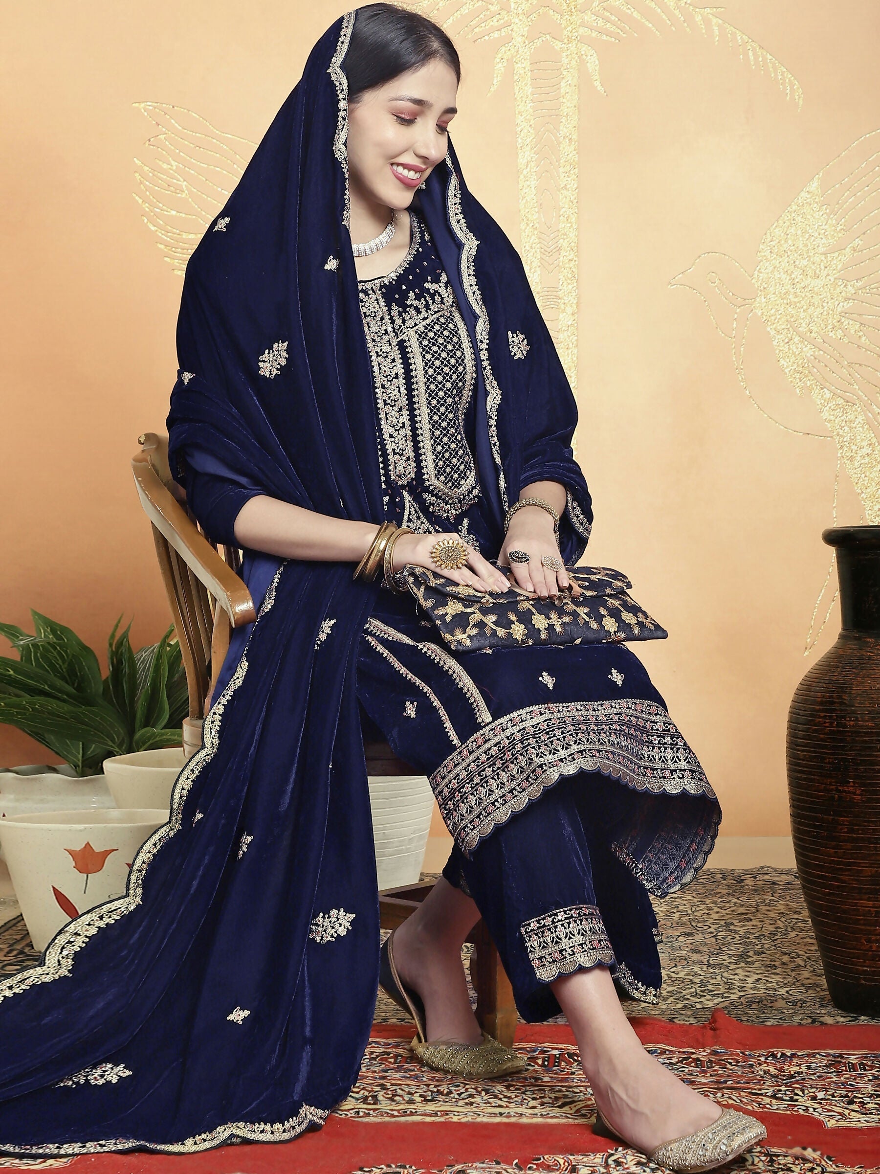 Navy Blue Velvet Straight Kurta Set with Sequin & Resham Embroidery