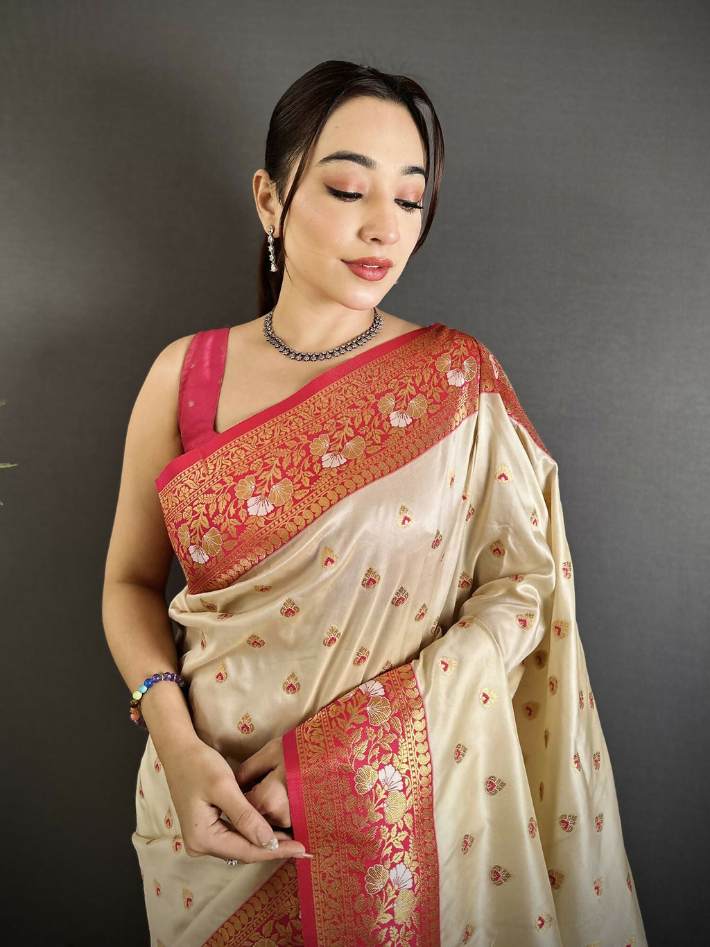 Off White Soft Silk Banarasi Saree with Gajari Butti Blouse