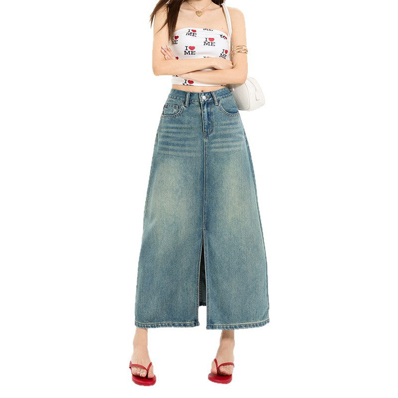 Women's High Waist Slit A-Line Denim Maxi Skirt - Vintage Wash - Image 5