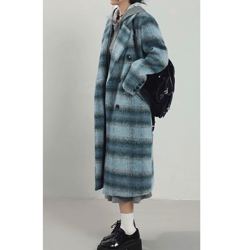 Women's Japanese Style Blue Plaid Woolen Overcoat - Image 4