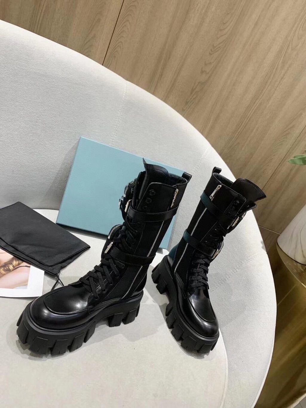 Women's Black Leather Platform Combat Boots with Pouches - Image 3