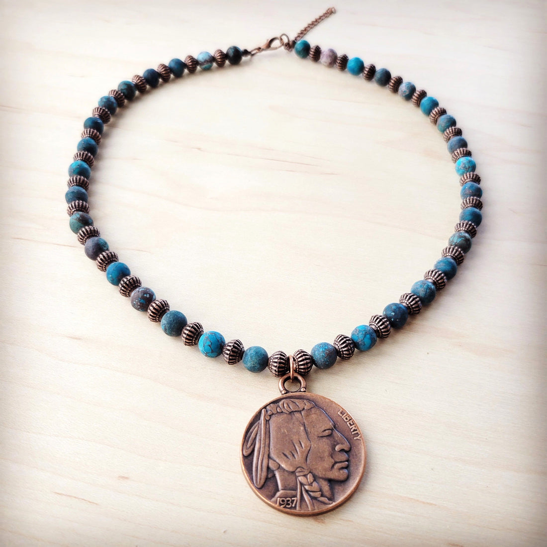 Natural Turquoise Beaded Collar Necklace with Indian Head Pendant - Image 4