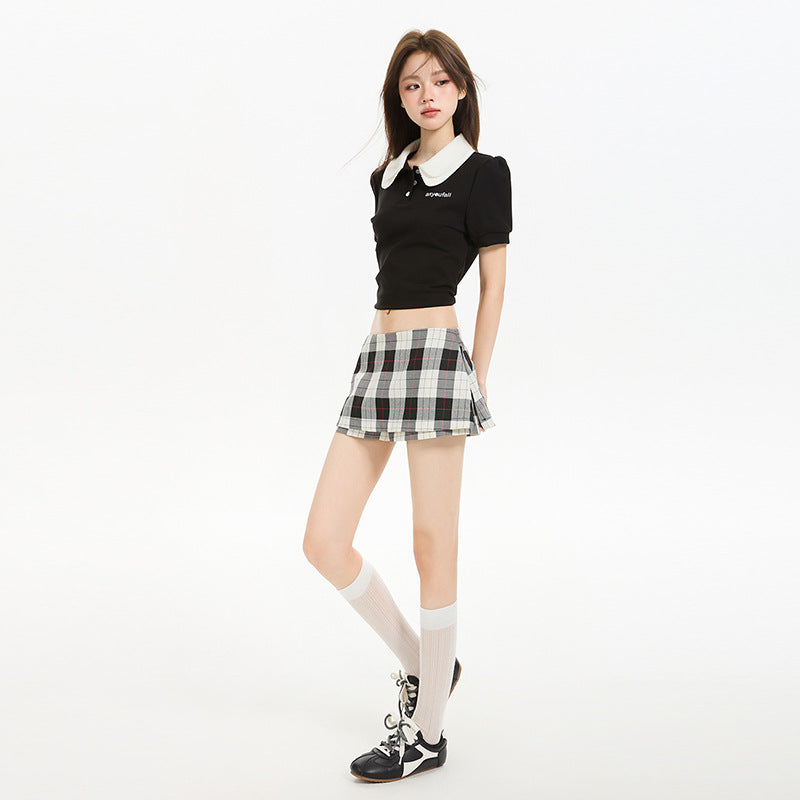 Women's Black White Red Plaid A-Line Mini Skirt Casual Style - Image 2