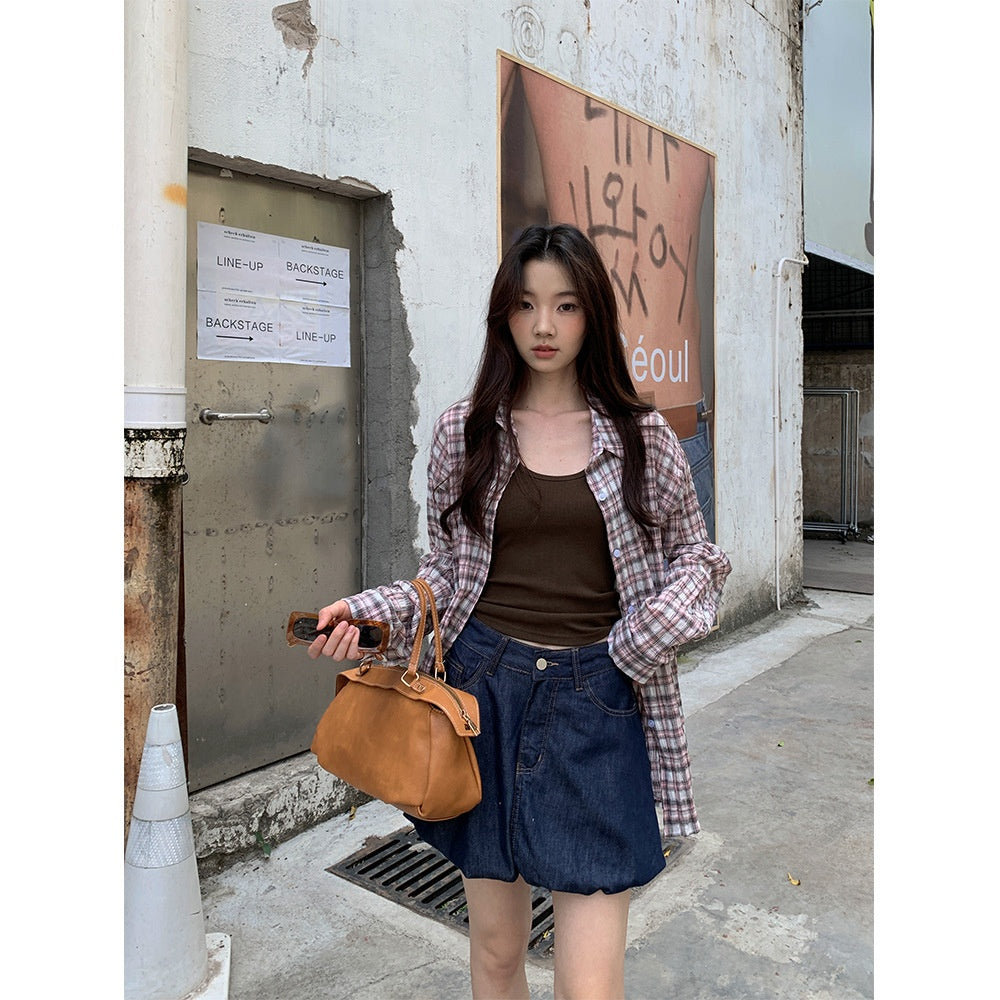 Women's Retro Dark Wash Denim Bubble Skirt - Casual & Versatile - Image 2