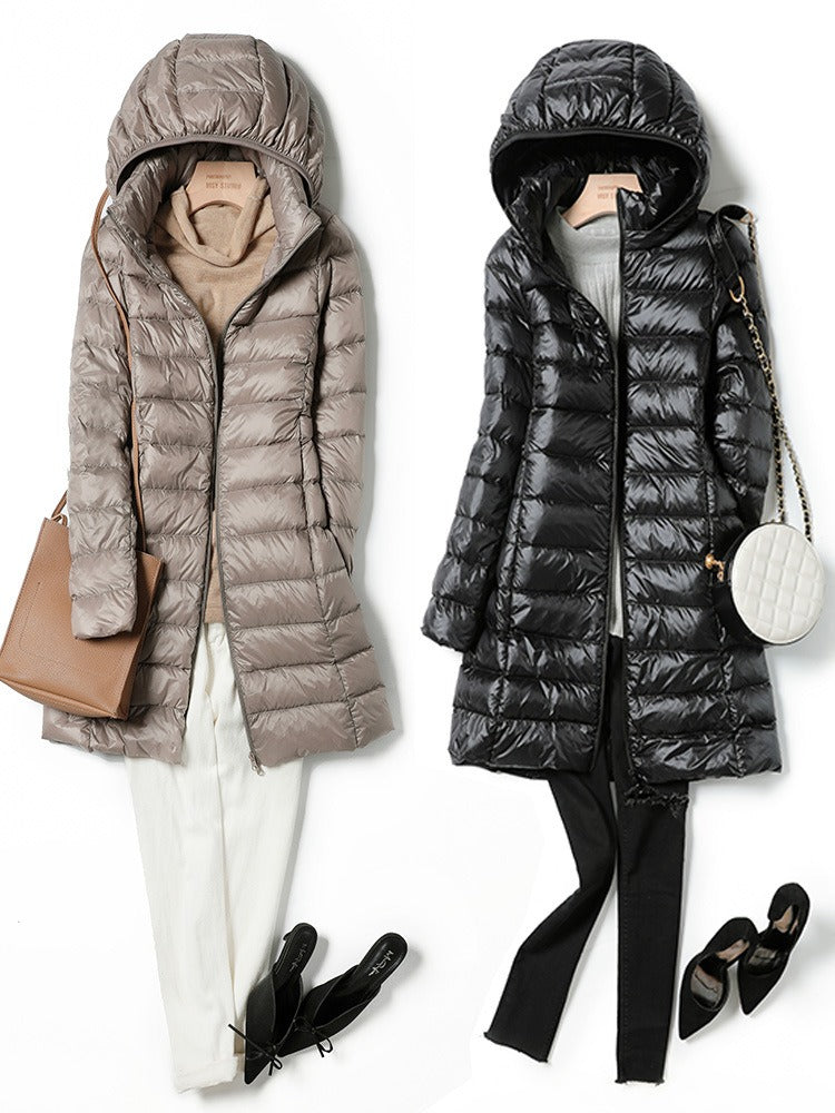 Women's Harajuku Oversized Mid-Length Hooded Down Jacket Pink Taupe - Image 10