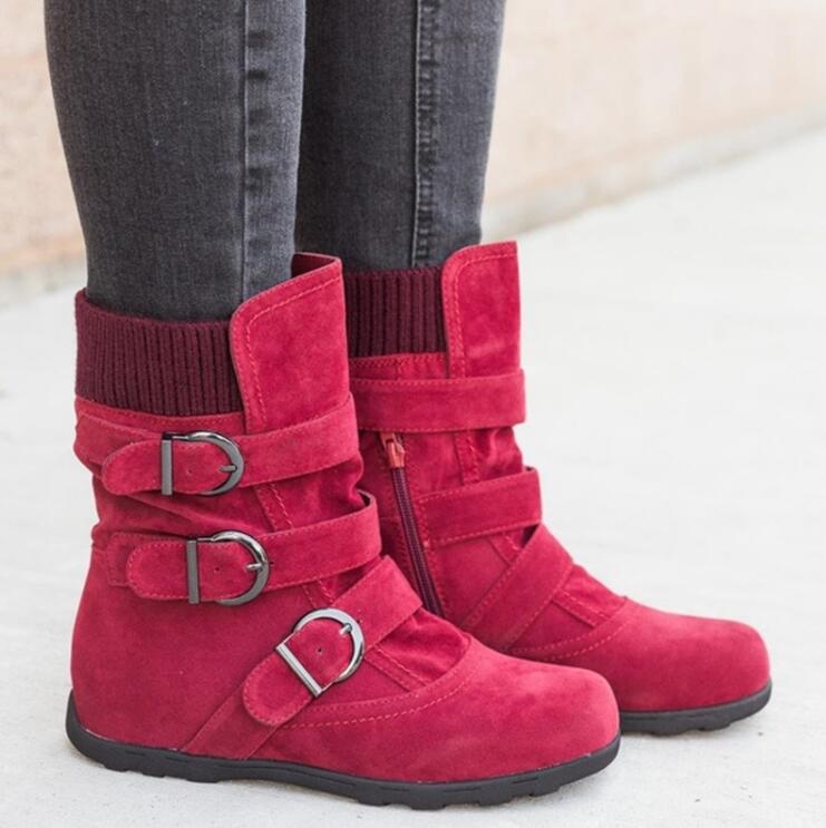 Women's Buckled Faux Suede Boots with Knit Cuff - Casual Mid-Calf - Image 5