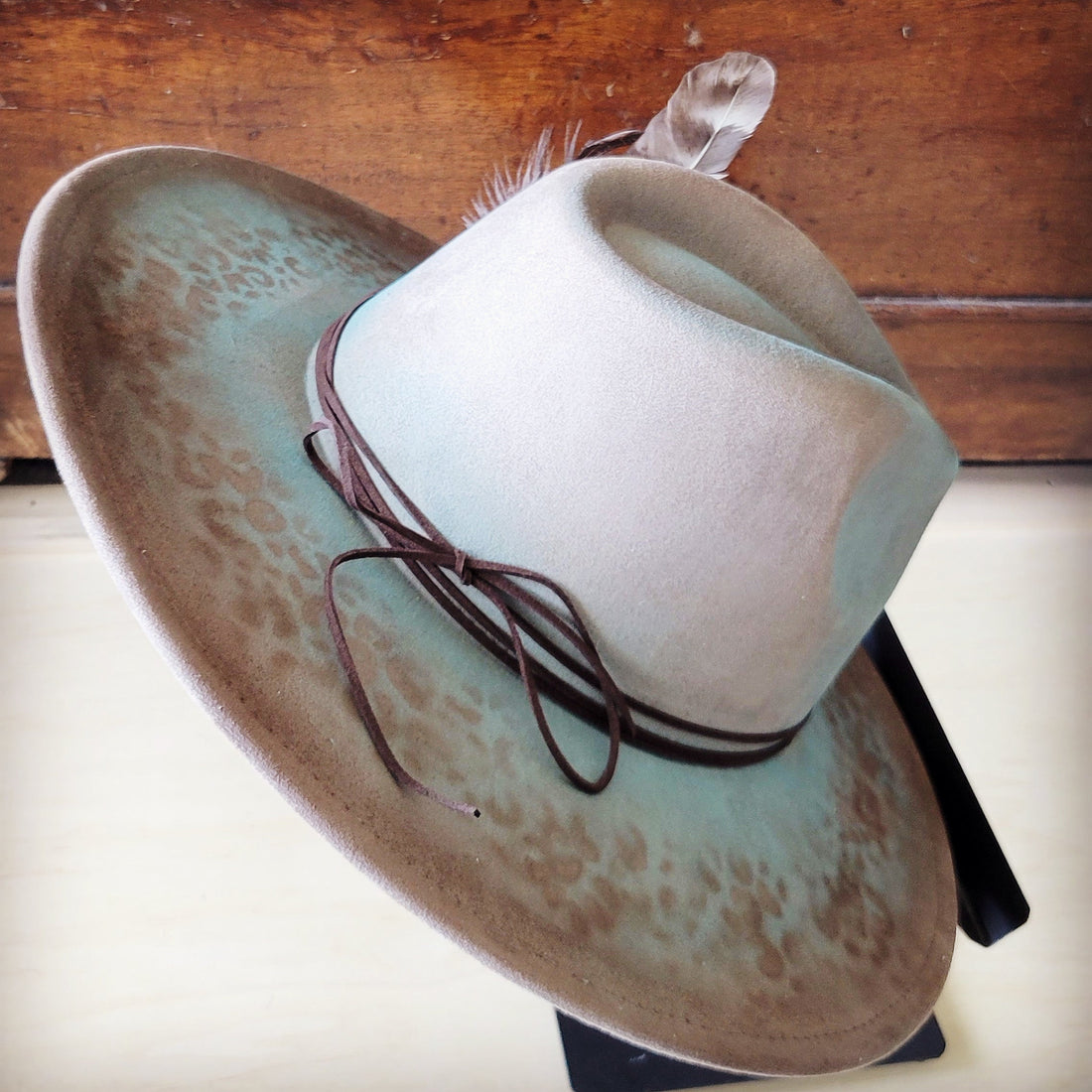Hand-Painted Leopard Print Boho Western Cowgirl Hat Turquoise - Image 3