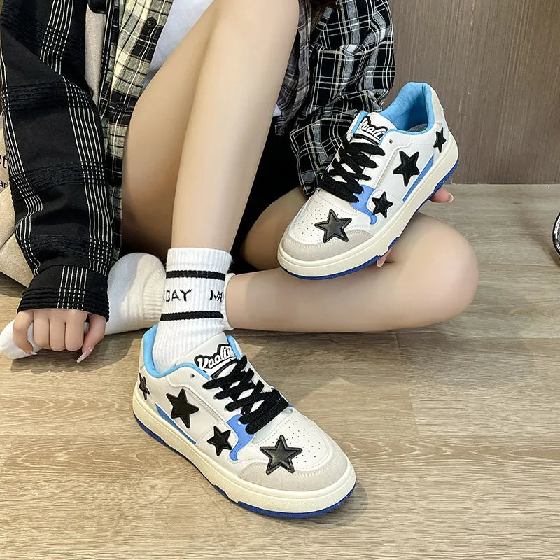 White Multi Contrast Star Patch Round Toe Athletic Sneakers - Image 3