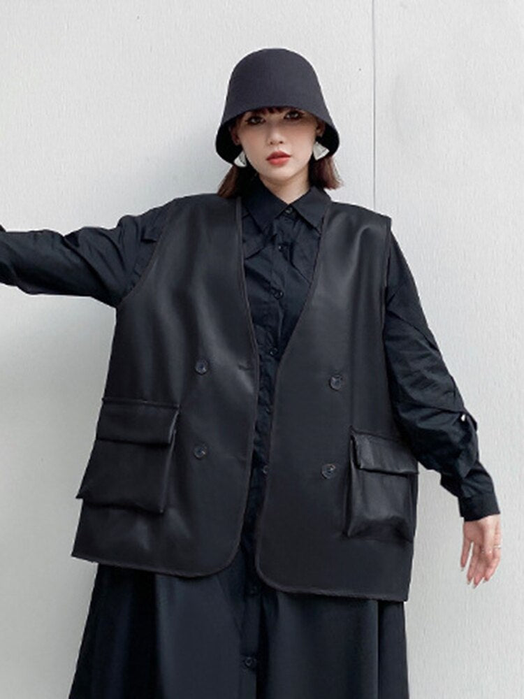 Women Coffee Color Leather Vest Oversized Loose Fit V-Collar - Image 4