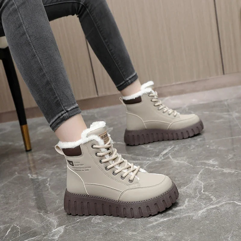 Women's Beige Plush Lined Lace-Up Ankle Boots with Chunky Sole - Image 7