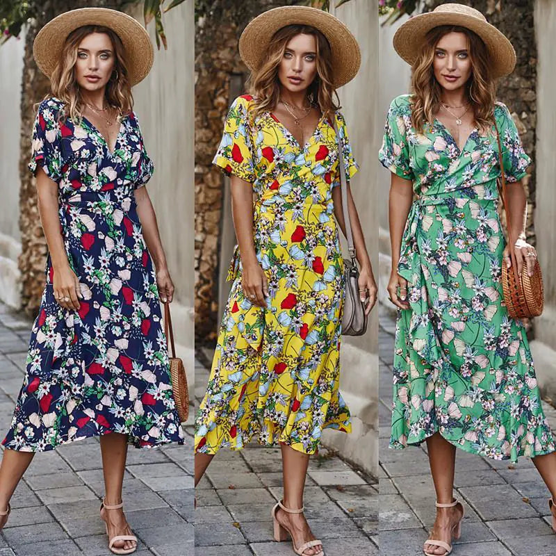 Women's V-Neck Floral Print Midi Beach Dress with Smocked Waist - Image 10