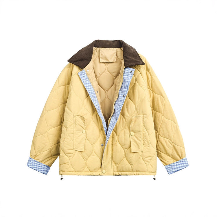 Yellow Diamond Quilted Short Jacket with Brown Flip Collar - Image 2